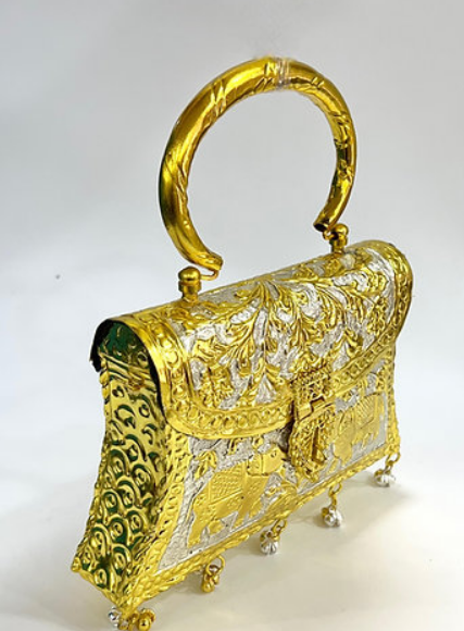 Handcrafted Dual-Tone Elephant Carved Brass Clutch Bag