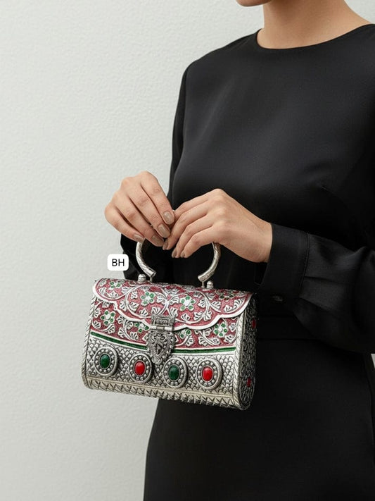 Traditional Silver Clutch with Red & Green Stone Work