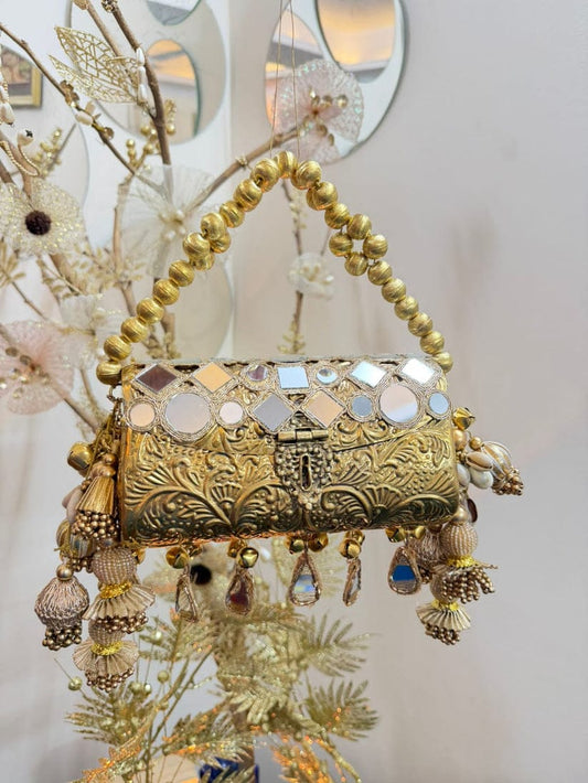Handcrafted Antique Gold Barrel Bag with Latkan