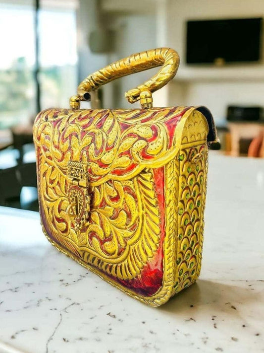 Traditional Indian Handcrafted Gold Brass Clutch Bag with Red Inlay Work