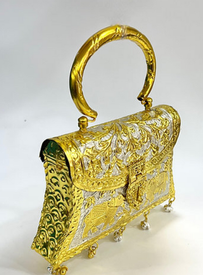 Handcrafted Dual-Tone Elephant Carved Brass Clutch Bag