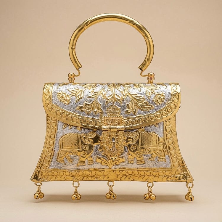 Handcrafted Dual-Tone Elephant Carved Brass Clutch Bag