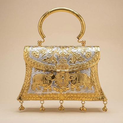 Handcrafted Dual-Tone Elephant Carved Brass Clutch Bag
