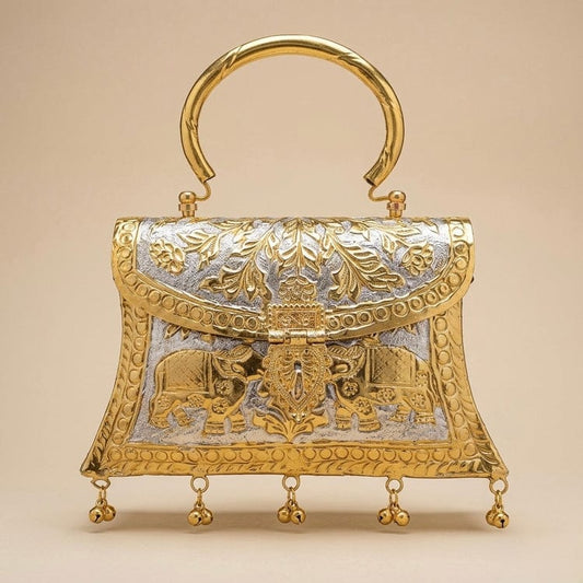Handcrafted Dual-Tone Elephant Carved Brass Clutch Bag