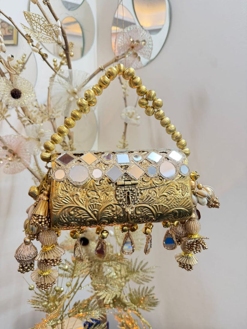 Handcrafted Antique Gold Barrel Bag with Latkan