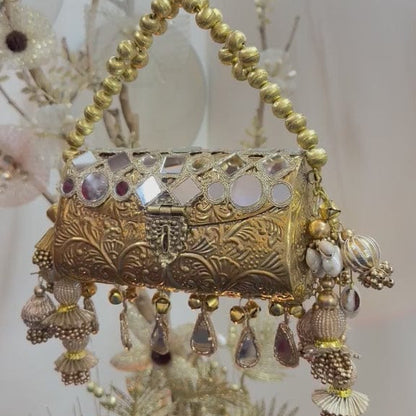 Handcrafted Antique Gold Barrel Bag with Latkan