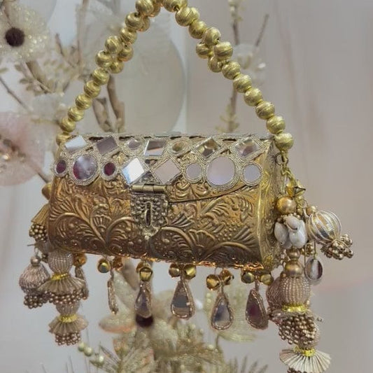 Handcrafted Antique Gold Barrel Bag with Latkan