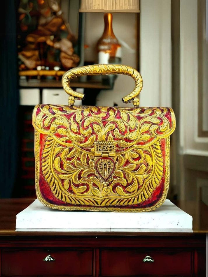 Traditional Indian Handcrafted Gold Brass Clutch Bag with Red Inlay Work