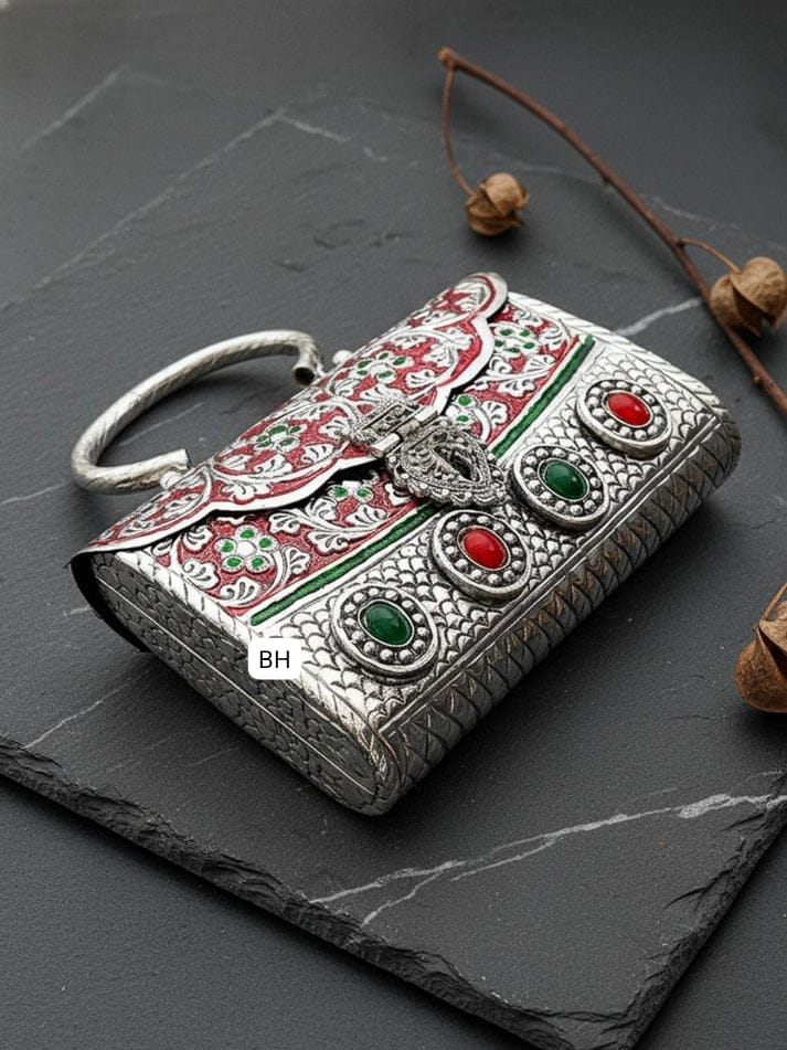Traditional Silver Clutch with Red & Green Stone Work