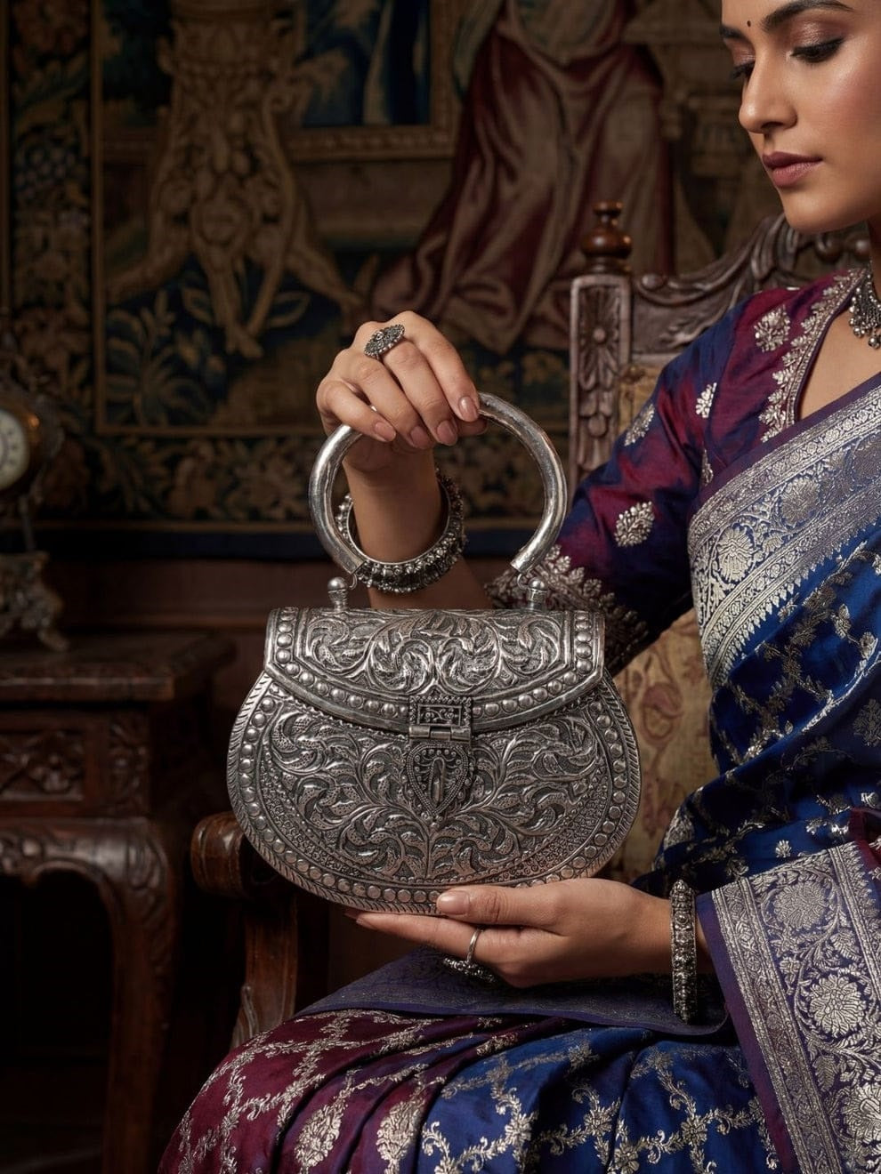 Ethnic Charm Silver Handbag